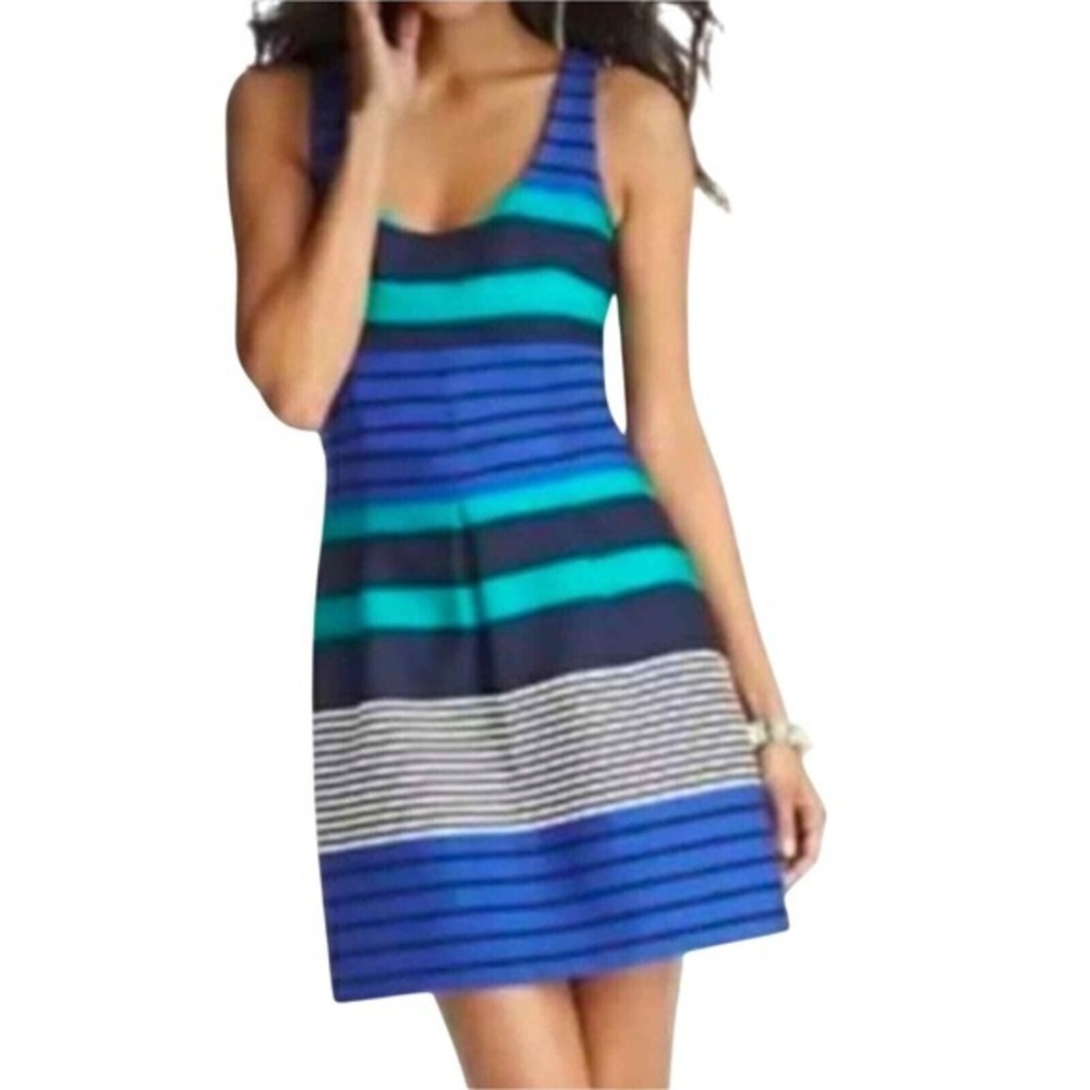 Loft Striped Sleeveless Dress Casual‎ Summer Party Cocktail Blue Green White 6